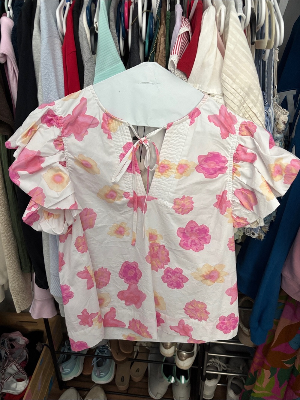 White Floral Tie-Back Ruffle Sleeve Blouse in Pink